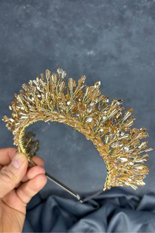 Honey Color Maria Heavily Embroidered Crystal Bridal Henna Crown Hair Accessory