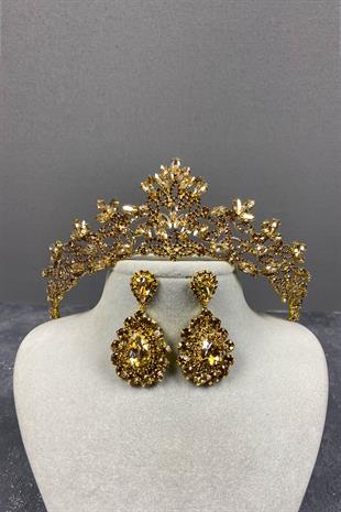 Honey Color Melis Bridal Henna Crown And Stone Drop Earrings