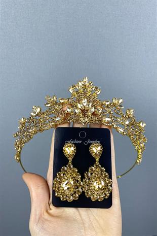 Honey Color Melis Bridal Henna Crown And Stone Drop Earrings