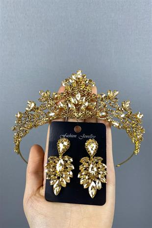 Honey Color Melis Bridal Henna Crown And Studded Stone Earrings