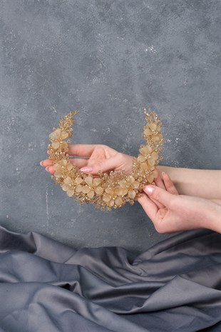 Bal Rengi Nida Çiçek Mineli Gelin Tacı Saç ve Türban Aksesuarı