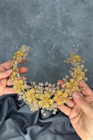 Bal Rengi  Nileda Kristal Boncuklu Gelin Kına Tacı Saç Aksesuarı