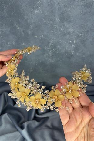 Bal Rengi  Nileda Kristal Boncuklu Gelin Kına Tacı Saç Aksesuarı