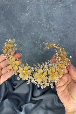 Bal Rengi  Nileda Kristal Boncuklu Gelin Kına Tacı Saç Aksesuarı