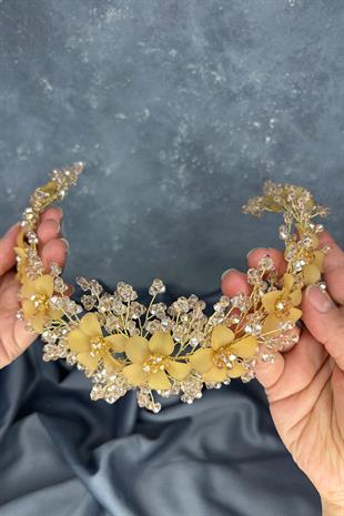 Bal Rengi  Nileda Kristal Boncuklu Gelin Kına Tacı Saç Aksesuarı