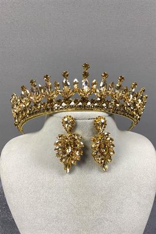 Bal Rengi Pedro Taşlı Gelin Kına Tacı Ve Küpeli Set