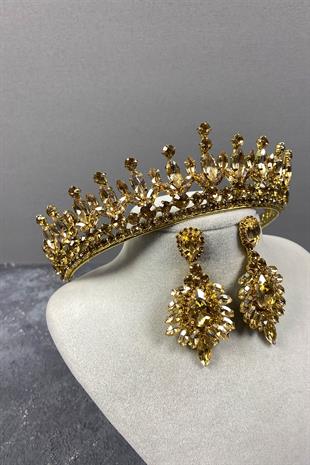 Honey Color Pedro Stone Bridal Henna Tiara and Evening Dress Earring Set