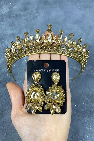 Honey Color Pedro Stone Bridal Henna Tiara and Earring Set
