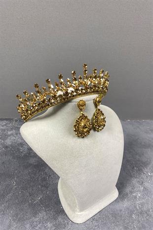 Honey Color Pedro Stone Bridal Henna Tiara and Stud Earrings Set