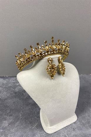 Bal Rengi Pedro Taşlı Gelin Kına Tacı Ve Küpeli Set