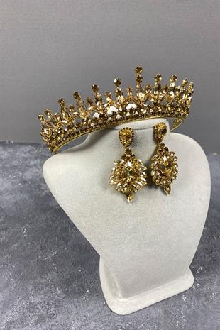 Honey Color Pedro Stone Bridal Henna Tiara and Evening Dress Earring Set