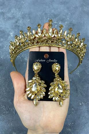 Honey Color Pedro Stone Bridal Henna Tiara and Evening Dress Earring Set
