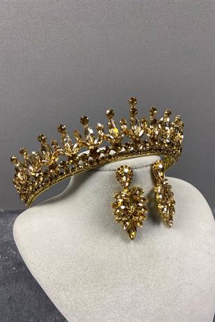 Bal Rengi Pedro Taşlı Gelin Kına Tacı Ve Küpeli Set