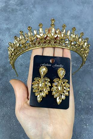 Bal Rengi Pedro Taşlı Gelin Kına Tacı Ve Küpeli Set