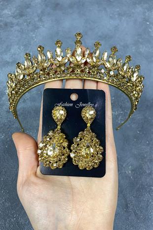 Honey Color Pedro Stone Bridal Henna Tiara and Stud Earrings Set