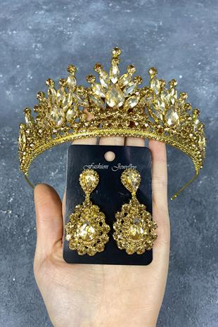 Honey Color Pera Bridal Henna Crown And Drop Evening Earrings
