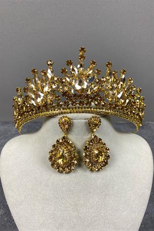 Honey Color Pera Bridal Henna Crown And Drop Evening Earrings