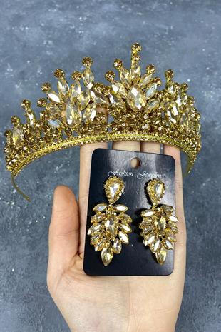 Honey Color Pera Bridal Henna Crown And Stud Earrings