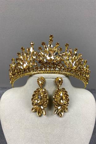 Honey Color Pera Bridal Henna Tiara and Stud Earrings