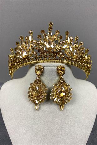 Honey Color Pera Bridal Henna Tiara and Stud Earring Set