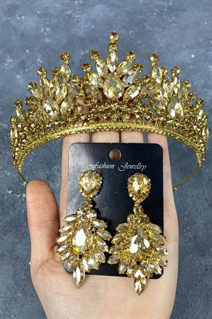Honey Color Pera Bridal Henna Tiara and Stud Earring Set