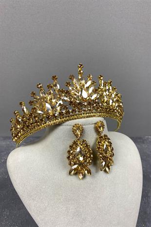 Honey Color Pera Bridal Henna Tiara and Stud Earrings