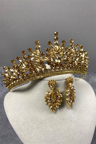 Honey Color Rio Stone Bridal Henna Tiara and Stud Earrings
