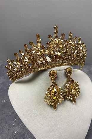 Honey Color Rio Stone Bridal Henna Crown And Stud Stone Earring Set