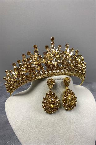 Honey Color Rio Stone Bridal Henna Tiara and Evening Dress Earrings Set
