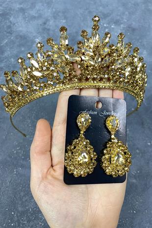 Honey Color Rio Stone Bridal Henna Tiara and Evening Dress Earrings Set