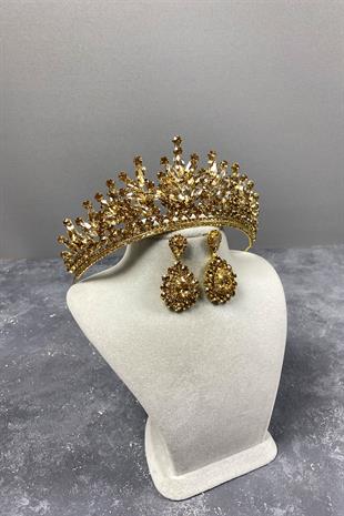 Honey Color Rio Stone Bridal Henna Tiara and Evening Dress Earrings Set