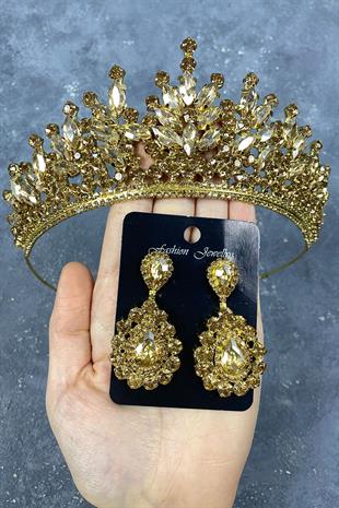 Honey Color Rio Stone Bridal Henna Tiara and Evening Dress Earrings Set