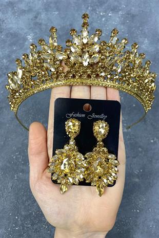 Honey Color Rio Stone Bridal Henna Crown And Stud Stone Earring Set