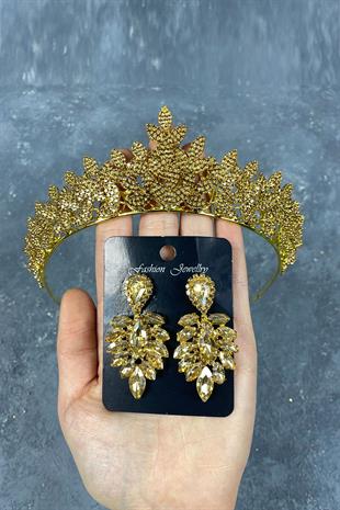 Honey Color Sara Henna Studded Bridal Henna Tiara and Stud Earrings Set