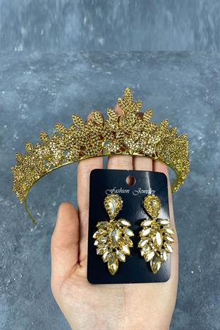 Honey Color Sara Henna Studded Bridal Henna Tiara and Stud Earrings Set