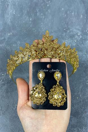 Honey Color Sara Bridal Henna Tiara and Drop Stone Earring
