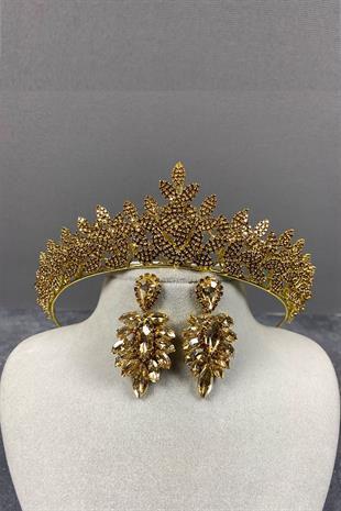 Honey Color Sara Henna Studded Bridal Henna Tiara and Stud Earrings Set