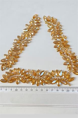 Bal Rengi Su Yolu Motifli Ütüyle Yapışan Parlak Taşlı Aplik