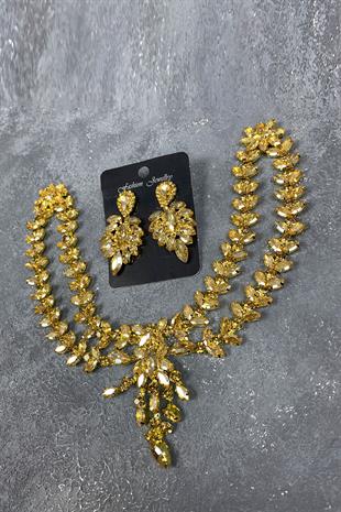 Honey Color Sultan Crown Bridal Henna Hair Accessory And Evening Dress Stone Earring Set