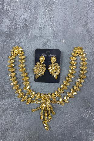 Honey Color Sultan Crown Bridal Henna Hair Accessory And Evening Dress Stone Earring Set