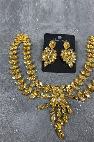 Honey Color Sultan Crown Bridal Henna Hair Accessory And Evening Dress Stone Earring Set