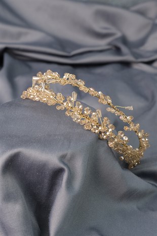 Bal Rengi Talya Çift Sıralı Boncuklu Gelin Kına Tacı