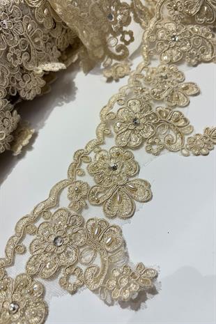 Bal Rengi Taşlı Boncuk İşlemeli Kenar Fransız Danteli Güpür