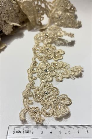 Bal Rengi Taşlı Boncuk İşlemeli Kenar Fransız Danteli Güpür