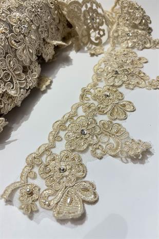 Bal Rengi Taşlı Boncuk İşlemeli Kenar Fransız Danteli Güpür