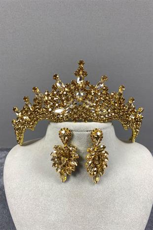 Honey Color Tokyo Stone Bridal Henna Tiara and Stud Earrings Set