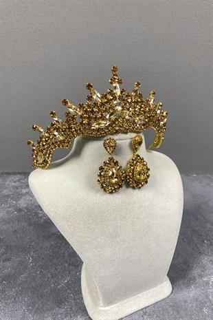 Honey Color Tokyo Stone Bridal Henna Tiara and Drop Earrings Set