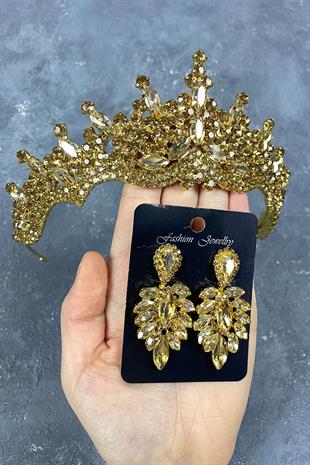 Honey Color Tokyo Stone Bridal Henna Tiara and Stud Earrings Set