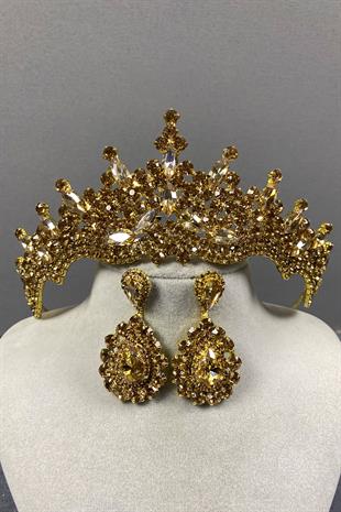Honey Color Tokyo Stone Bridal Henna Tiara and Drop Earrings Set