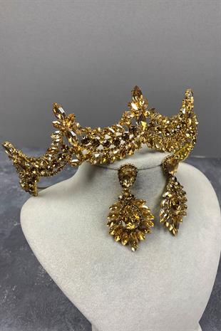 Honey Color Venetian Stone Bridal Henna Crown And Drop Stud Earring Set